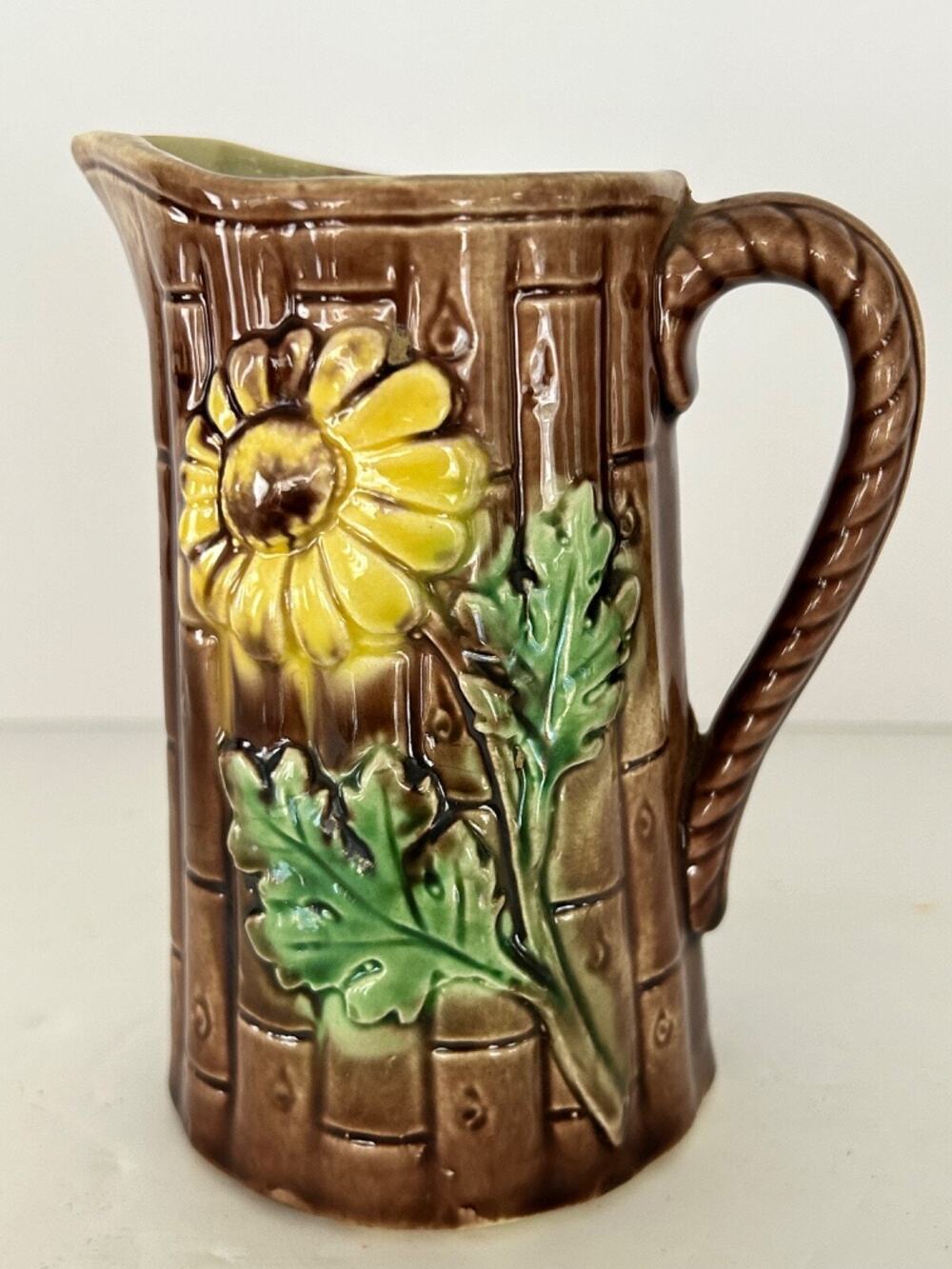 Antique Majolica Yellow Sunflower, Cream Pitcher, Daisy White Creamer